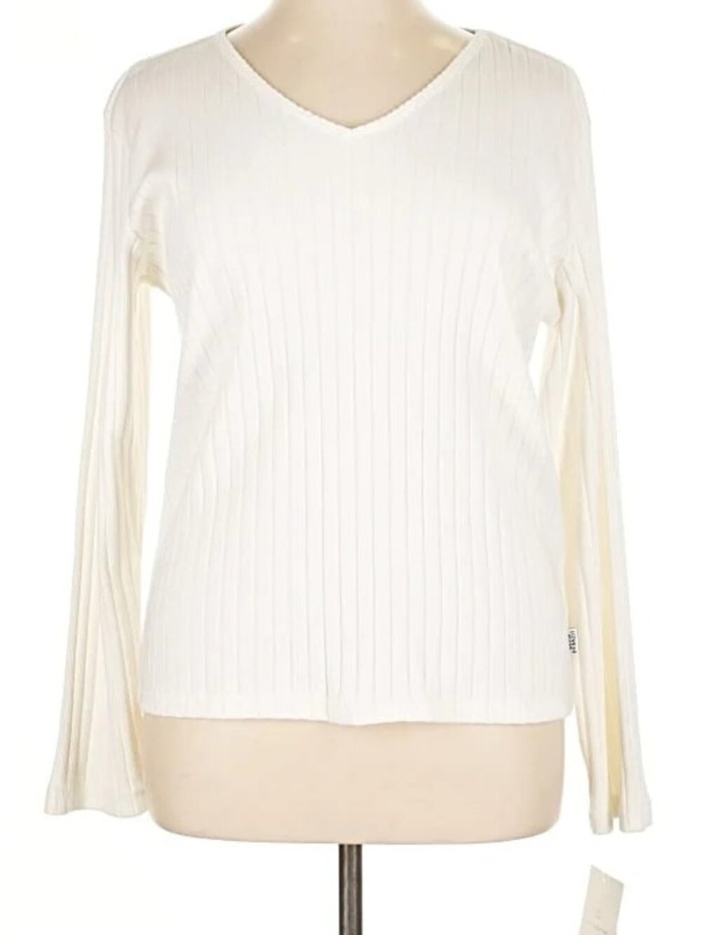 NWT Lizwear Liz Claiborne Size XL Ivory Ribbed Cotton V Neck Long Sleeve Top NEW